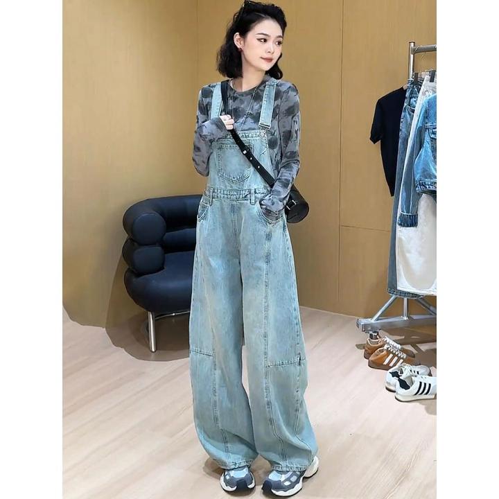浅色复古牛仔背带裤女2024新款夏季高腰宽松显瘦减龄阔腿连体裤子