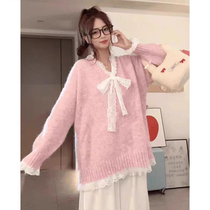 灰色蕾丝拼接V领套头假两件毛衣女春季新款宽松慵懒风针织衫上衣