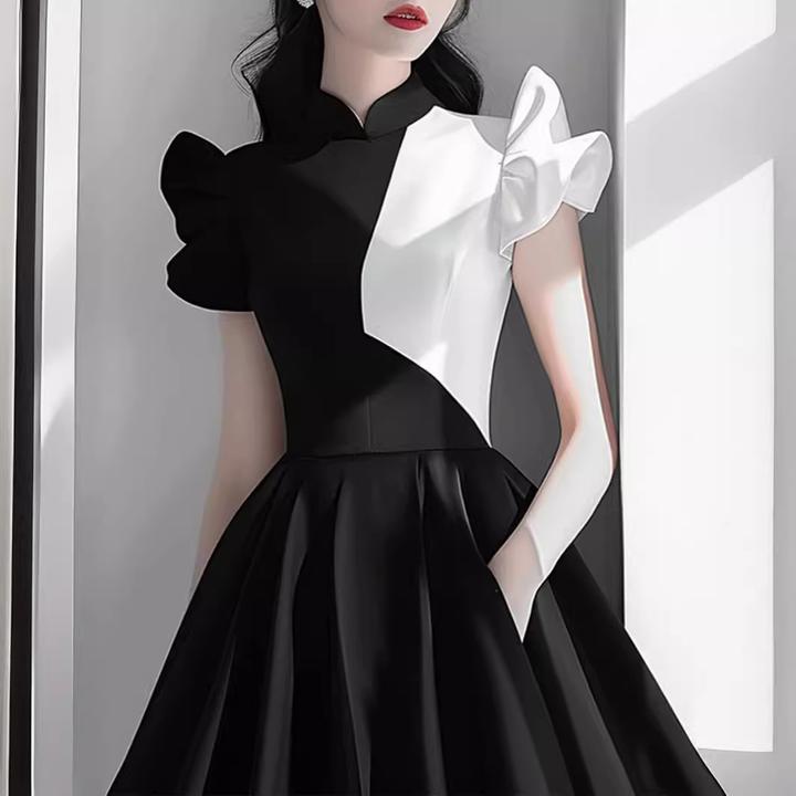 高端精致黑白撞色赫本风短款小众连衣裙女夏高冷御姐风法式裙子