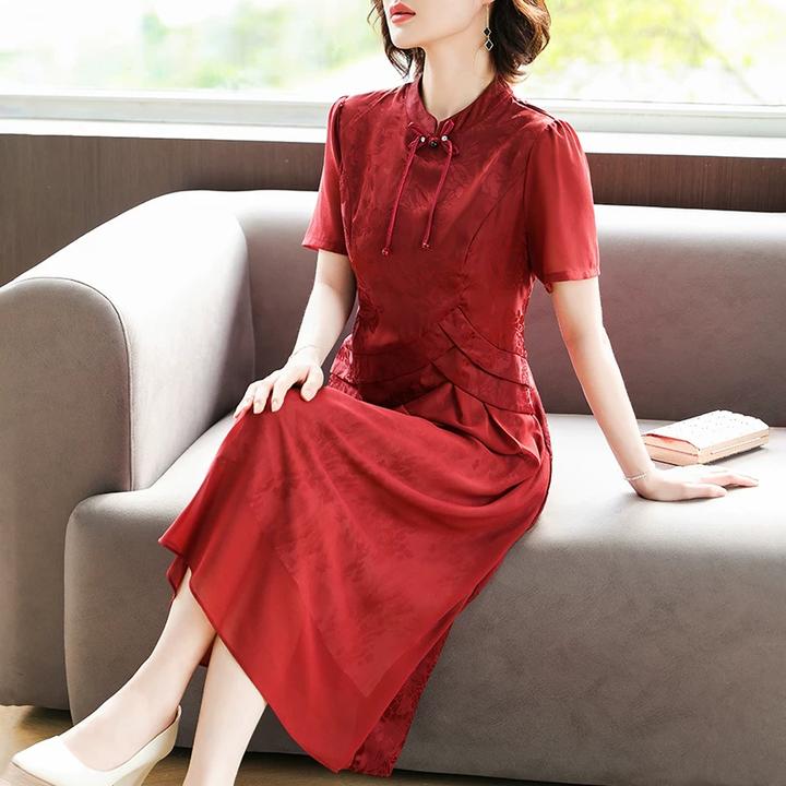 俞兆林妈妈夏装改良旗袍仿仿真丝连衣裙2025新款中年女喜婆婆婚宴