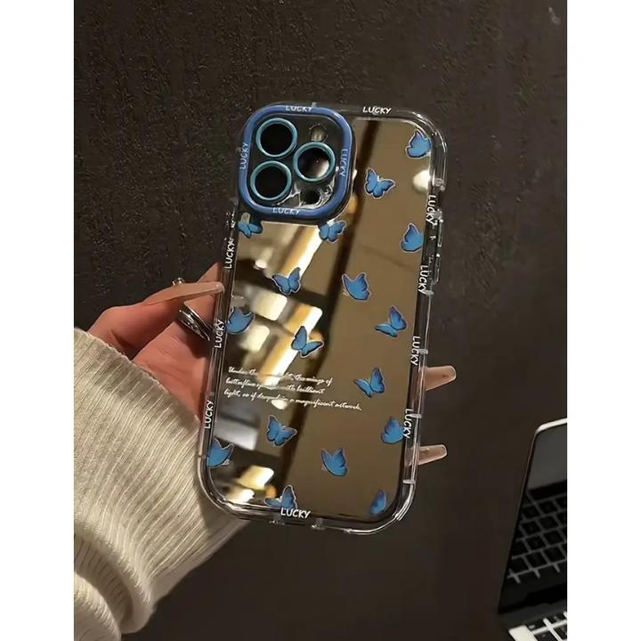 适用蓝色蝴蝶镜面奶油壳苹果16promax手机壳华为OPPO小米创意个性