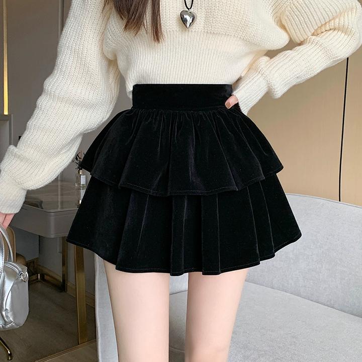 复古咖色金丝绒蛋糕半身裙女秋冬小个子高腰显瘦a字百褶蓬蓬短裙