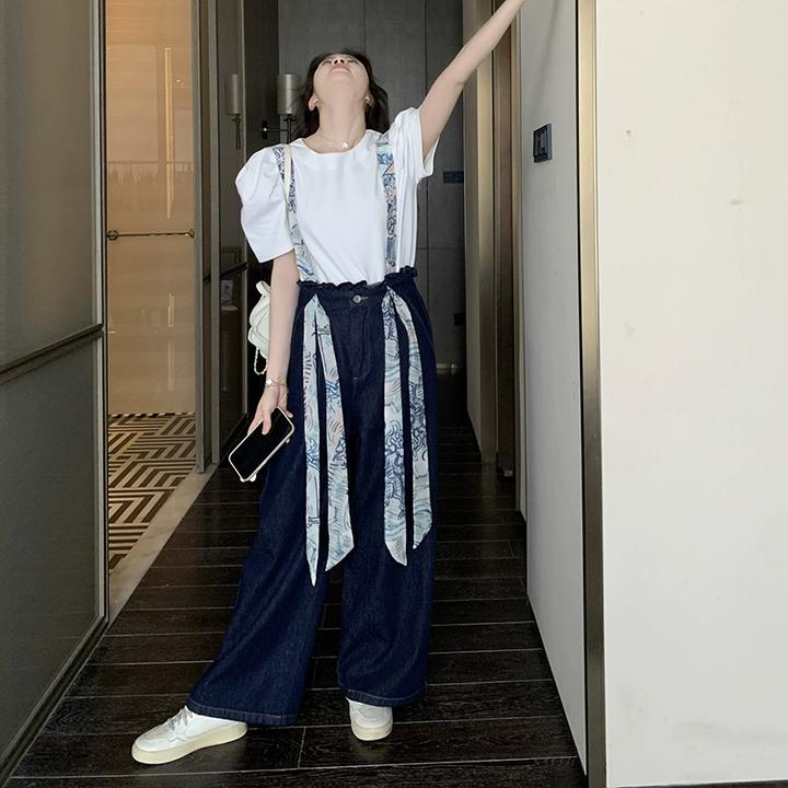 印花拼接牛仔背带裤女2025夏季新款韩系设计感休闲时尚百搭阔腿裤