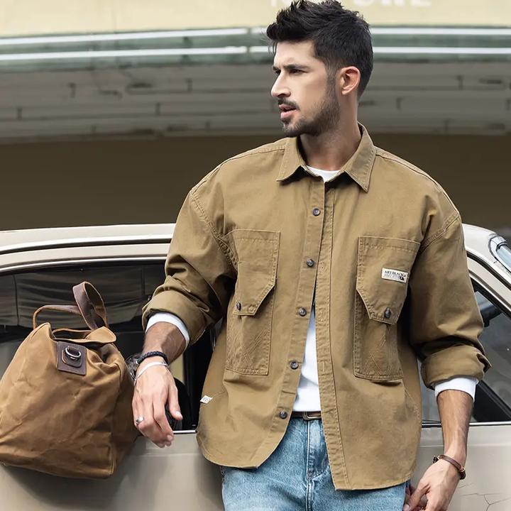 男士宽松水洗潮流时尚翻领复古美式休闲街头长袖衬衫衬衣