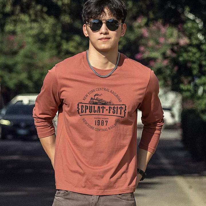 2025春百搭打底衫男士长袖潮流印花圆领t恤纯棉时尚休闲上衣秋季