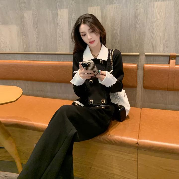 黑色小香风套装女早春2025显瘦减龄高级感休闲运动阔腿裤两件套秋