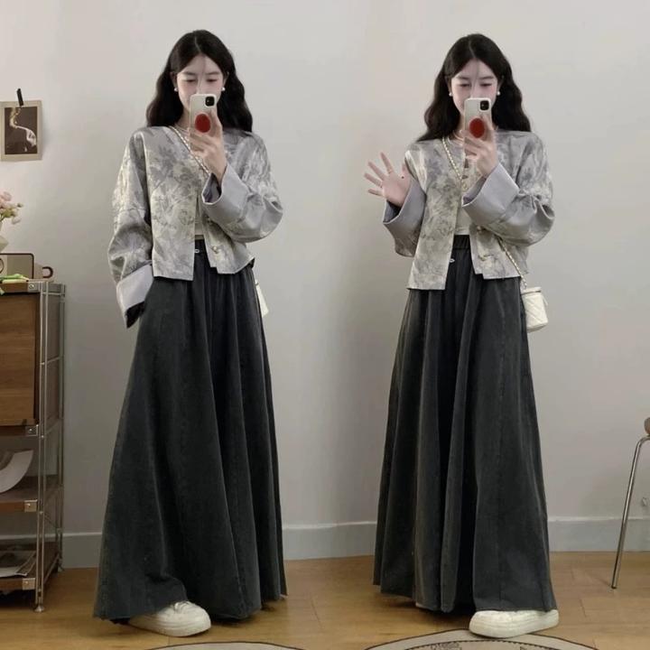 微胖妹妹大码中式国风搭配一整套女显瘦复古盘扣外套阔腿裤套装