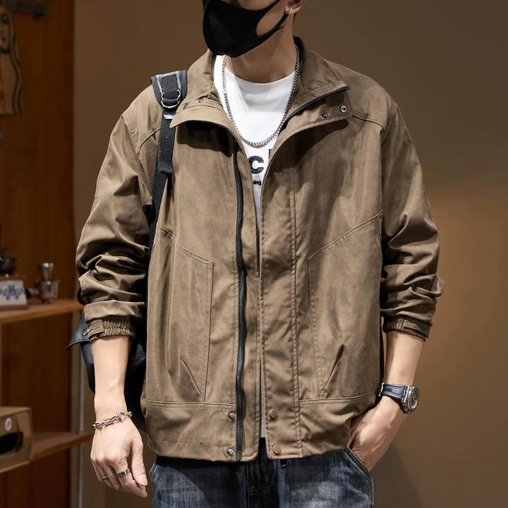 美拉德扎染咖啡色美式复古薄款外套2025新款男士宽松工装立领夹克