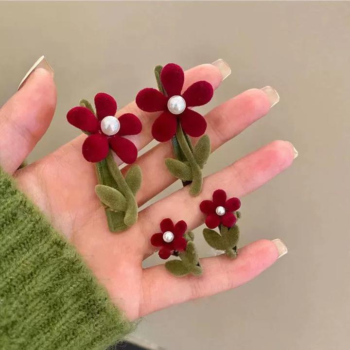 风植绒小红花女秋冬新款边夹发卡原创设计日韩花朵发夹合鸭嘴夹