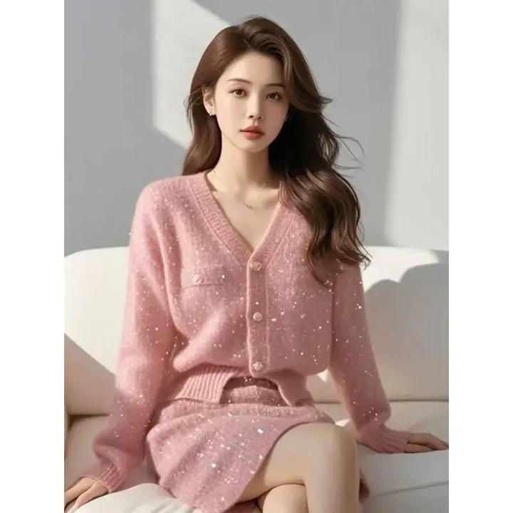 2025春季新款小香风超好看独特漂亮新年战袍冬季针织两件套装