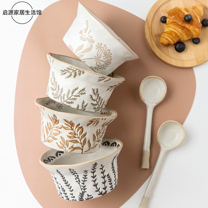 日式植物花卉帽帽碗胖胖勺复古粗陶米饭碗小众设计甜品早餐燕麦碗