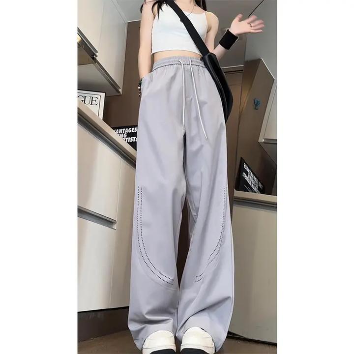 冲孔透气冰丝休闲裤男夏季薄款美式潮牌速干宽松直筒运动阔腿裤子