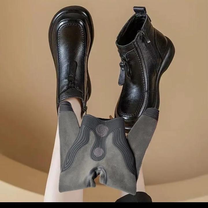 磨砂防水短靴中跟漆皮防滑休闲方头冬季秋冬季 赠送一条保暖裤