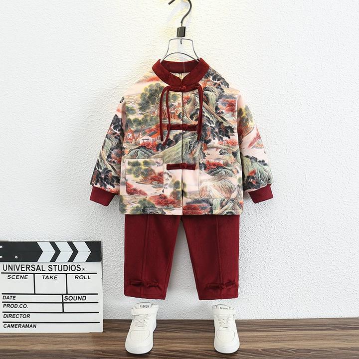 巴拉巴拉男童加绒套装国潮唐装汉服24新款冬装宝宝礼服儿童红色喜