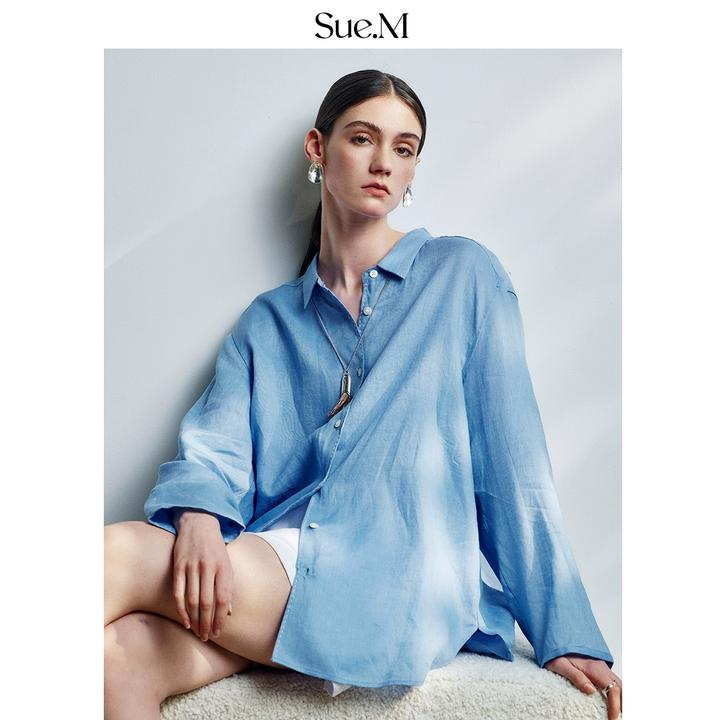 Sue.m100%进口蓝色亚麻衬衣新款撞色珠边松弛感宽松大红色衬衫女