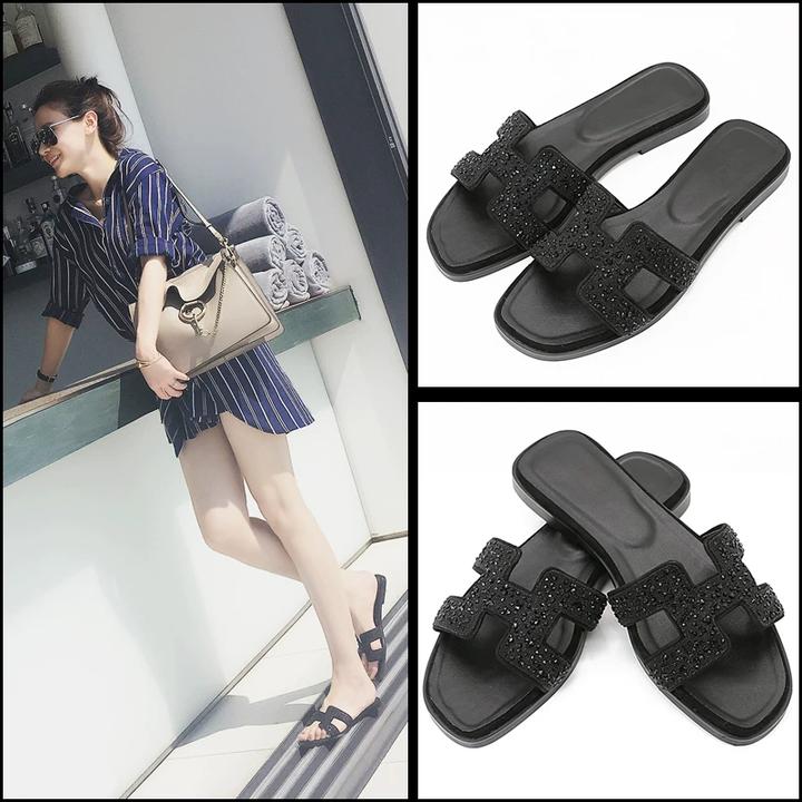 新款带水钻h拖鞋女夏真皮平底跟一字百搭时尚外穿沙滩旅游H凉鞋子