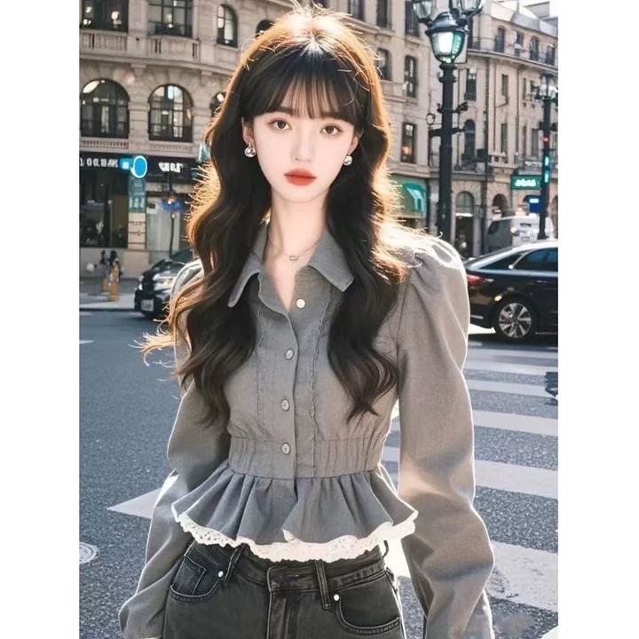 灰色法式小香风高级设计感长袖衬衫女冬小众气质修身蕾丝百搭上衣