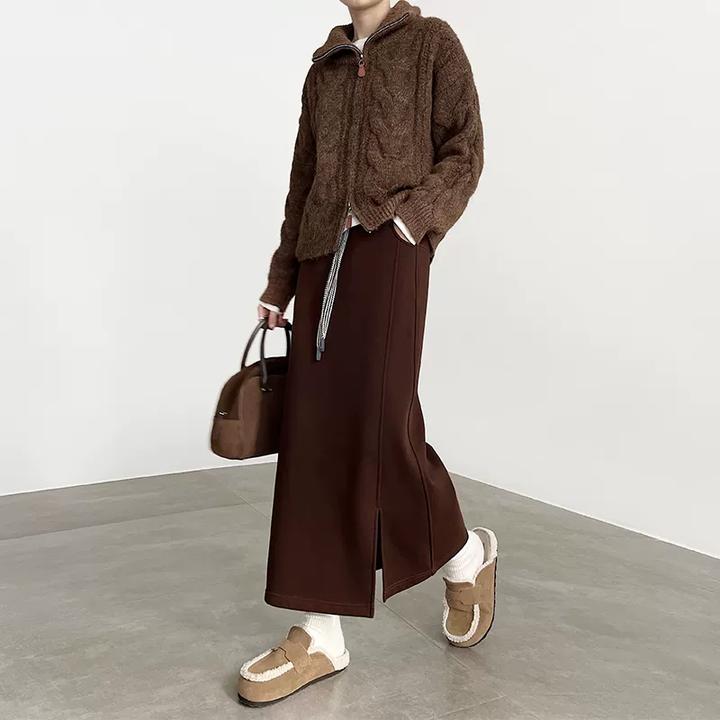 美拉德咖色半身裙女冬季高腰加绒毛呢一步裙中长款直筒开叉包臀裙