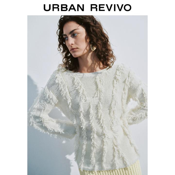 UR2025秋季新款女装休闲慵懒毛须饰宽松圆领针织衫UWH950012