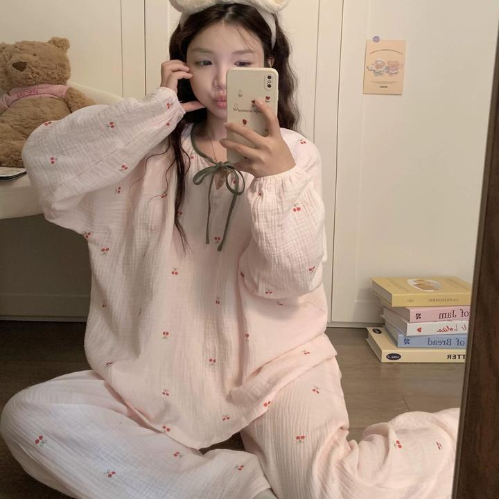 大码棉纱布睡衣睡衣套装秋季少女款2025新款甜美长袖家居服春秋