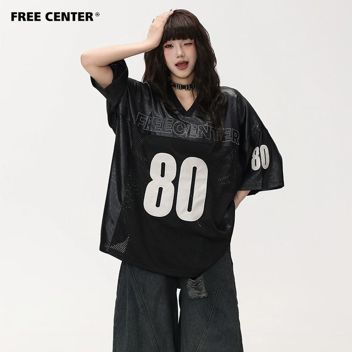 Free Center 仿皮质肌理感美式V领球衣男女同款宽松运动短袖T恤