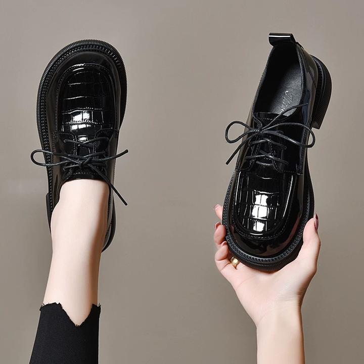 2025新款春秋季圆头平底单鞋女漆皮软底真皮女鞋春款深口系带皮鞋