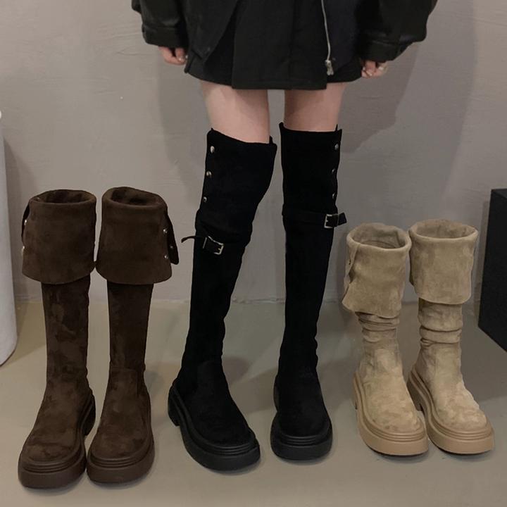 贾不假靴子长靴女2025春季新款爆款秋冬棕色厚底高跟瘦瘦靴长筒靴
