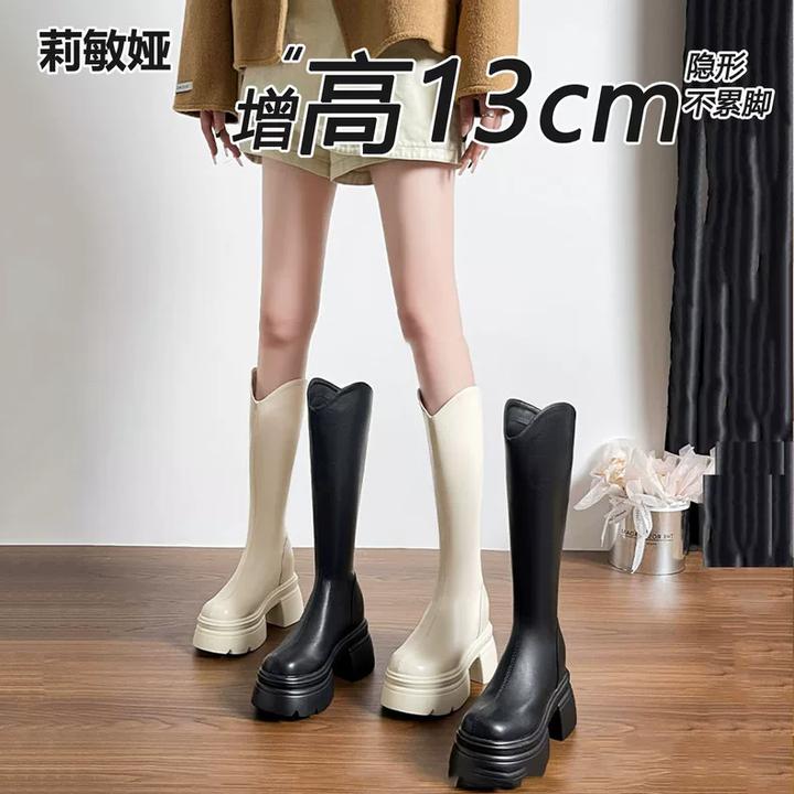 矮子乐13cm松糕厚底真皮V口骑士靴女2025秋冬季新款内增高长筒靴