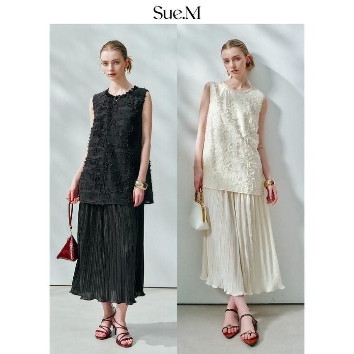 Sue.m设计师款飘逸剪花莱赛尔无袖连衣裙女轻薄透气亚麻气质裙子