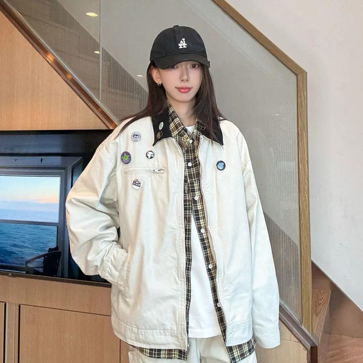 重工水洗夹克男2025秋季新款美式潮牌复古底特律撞色翻领工装外套