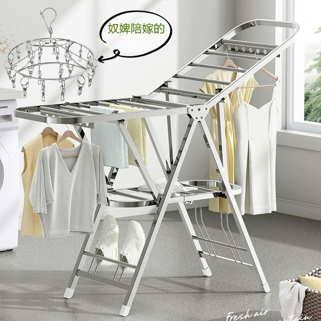 丽人不锈钢带轮晾衣架落地可折叠室内阳台家用晒被子加层防风衣架