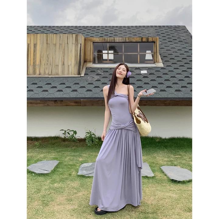 夏季新款收腰显瘦时尚气质紫色辣妹长裙性感挂脖单肩连衣裙女