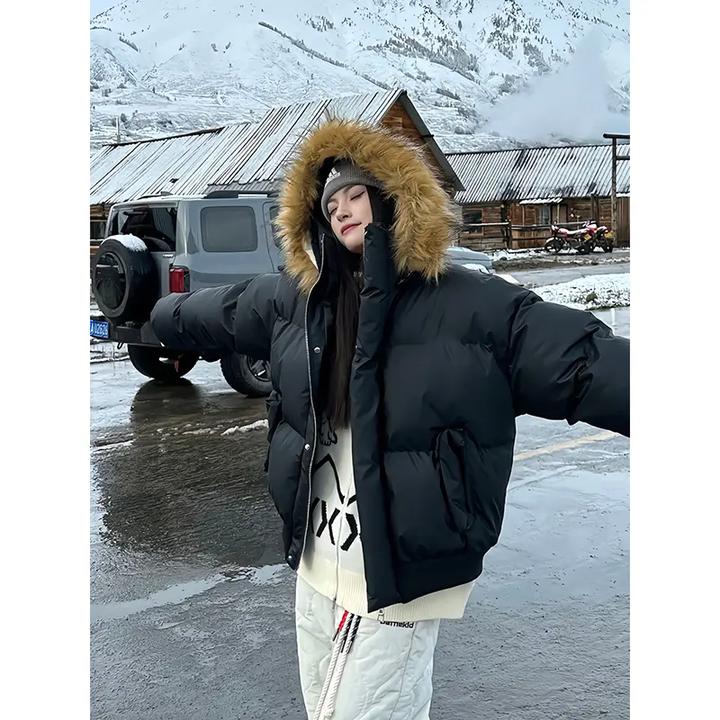 可拆卸毛领派克棉服男女生冬季短款高级感连帽加厚外套美式面包服