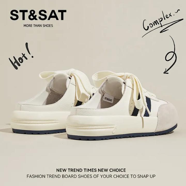 星期六品牌真皮包头拖女秋外穿透气软底舒适懒人无后跟休闲德训鞋