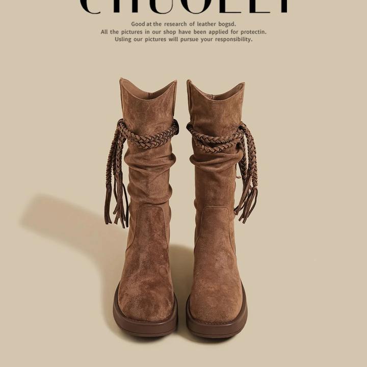 2025秋冬季新款褶皱长筒靴女棕色粗高跟西部牛仔v口堆堆骑士长靴