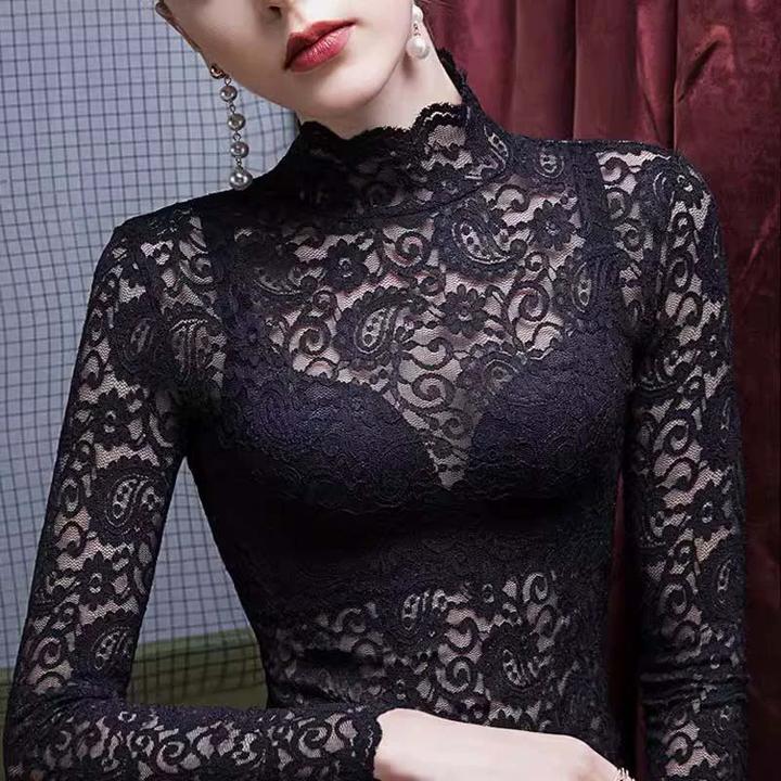 半高领黑色蕾丝打底衫女春夏2025高端个性网纱恤加绒款雷丝上衣