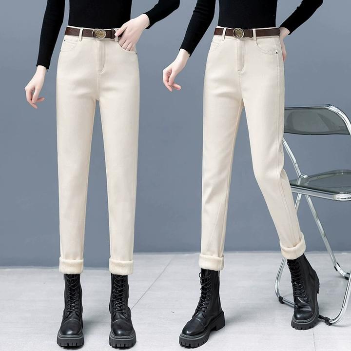 米白色牛仔裤女2024秋冬新款高腰显瘦宽松弹力休闲小脚加绒哈伦裤