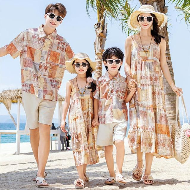 2025新款亲子装一家三口四口衬衫套装夏季海边度假三亚旅游连衣裙