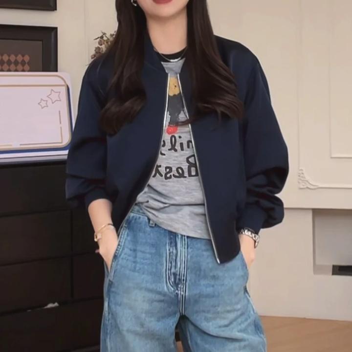 【YHH同款】珠光白圆领休闲简约短外套韩版休闲棒球服2025春季新款