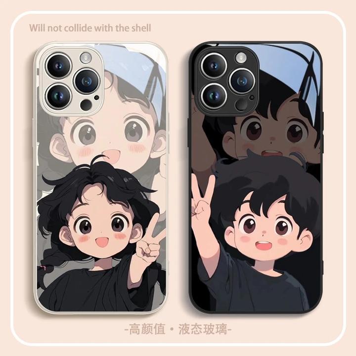 比耶男女情侣适用苹果16promax金属漆玻璃手机壳华为oppo小米vivo