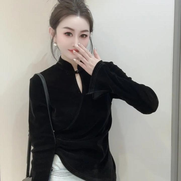 秋冬新款国风风格拼接丝绒显瘦喇叭袖长袖衬衫