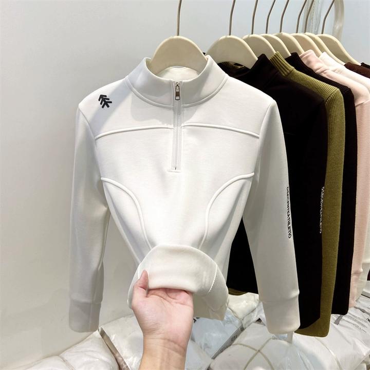 立领半拉链长袖T恤上衣女春秋冬季修身显瘦高级感加绒加厚打底衫