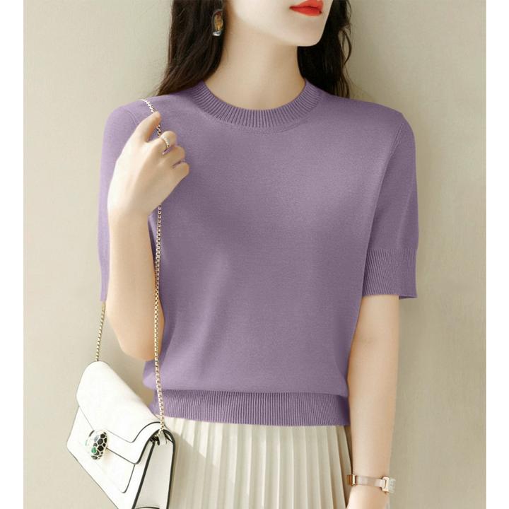 气质简约套头圆领宽松针织衫女时尚高级秋季新款短袖显瘦打底上衣