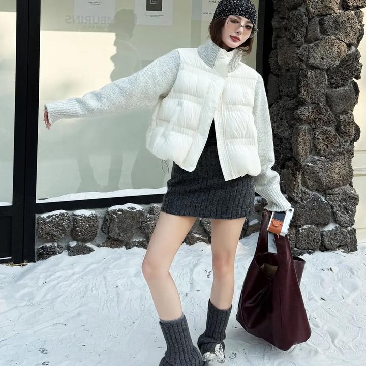 90白鸭绒针织袖拼接立领羽绒服女短款2025冬季新款时尚小个子外套