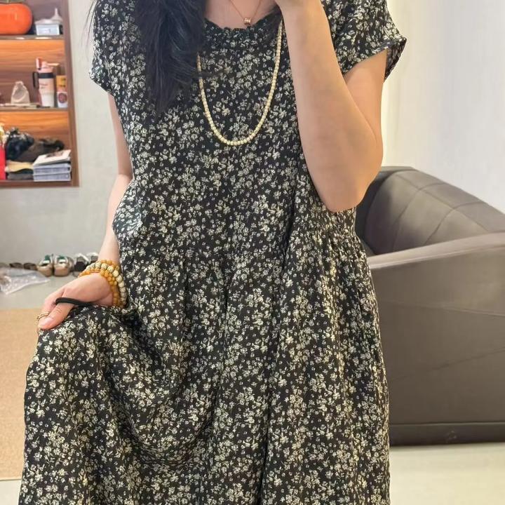 992-2-韩版亚麻宽松圆领法式碎花提花时尚夏季连衣裙