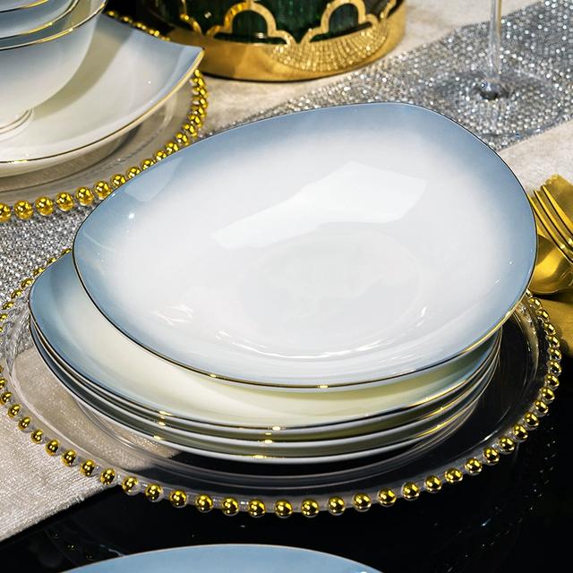 欧式轻奢骨质瓷餐盘三角盘8英寸深盘金边创意陶瓷菜盘子家用组合