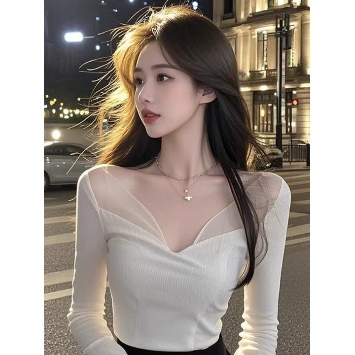纯欲V领网纱露肩上衣女春装修身显瘦长袖T恤高级感时尚内搭打底衫