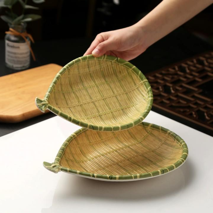密胺仿竹编餐具火锅店烧烤店专用菜盘长方形商用圆形仿瓷上菜盘子