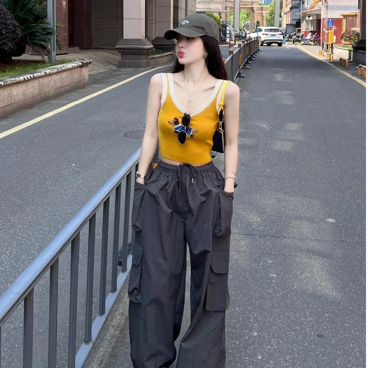 纯欲辣妹韩版设计感重工贴布狗狗拼色吊带背心外穿上衣高腰工装裤