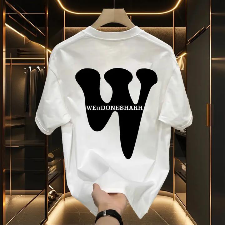 美式痞帅重磅纯棉短袖T恤-字母W-青年男女潮街头宽松渐变丁喜居麦